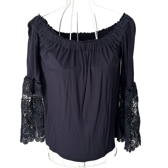 Loft Blouse Women S Navy Lace Off Shoulder Flowy Dressy Boho Fairy Goth Romantic - Picture 7 of 13